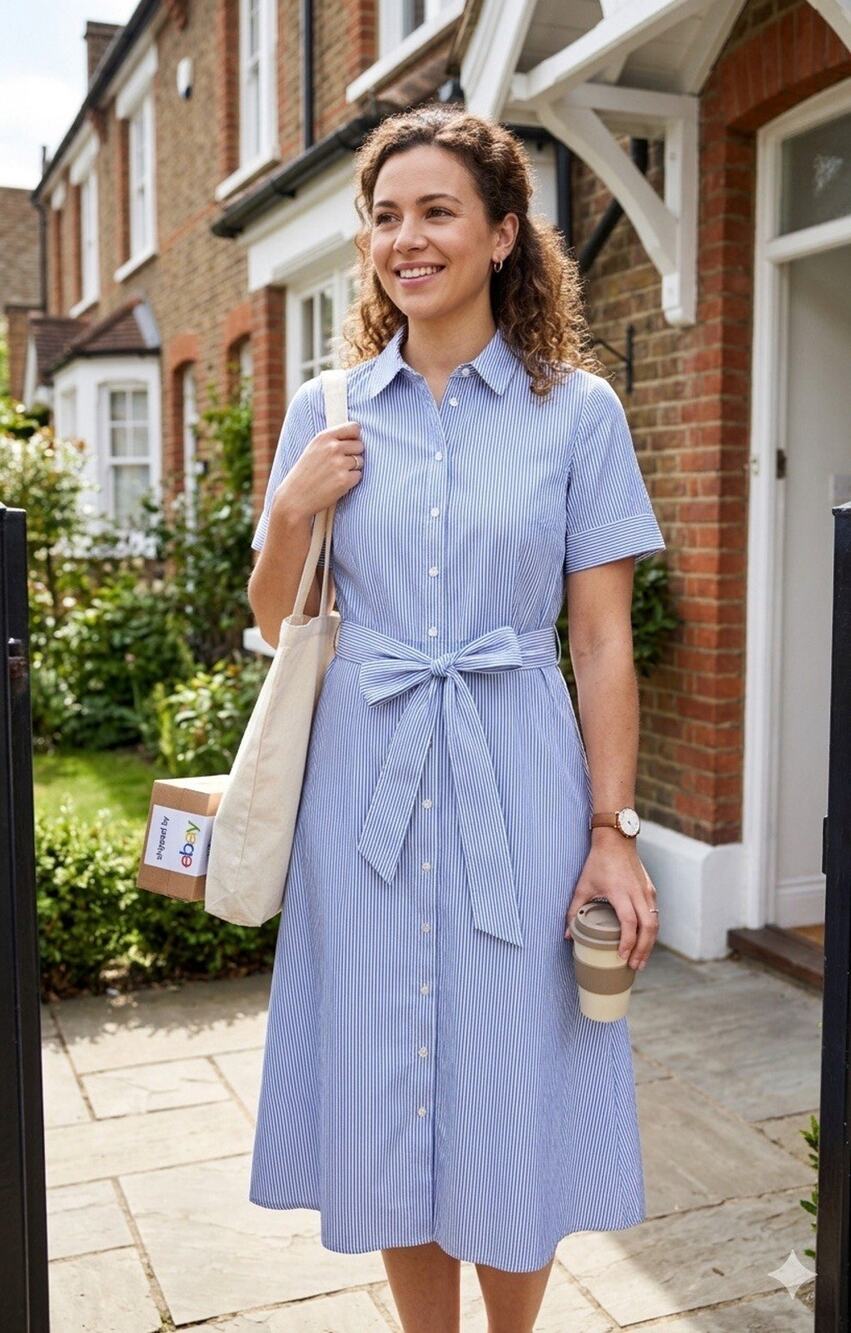 Forever 21 Striped Midi Shirt Dress Blue White L